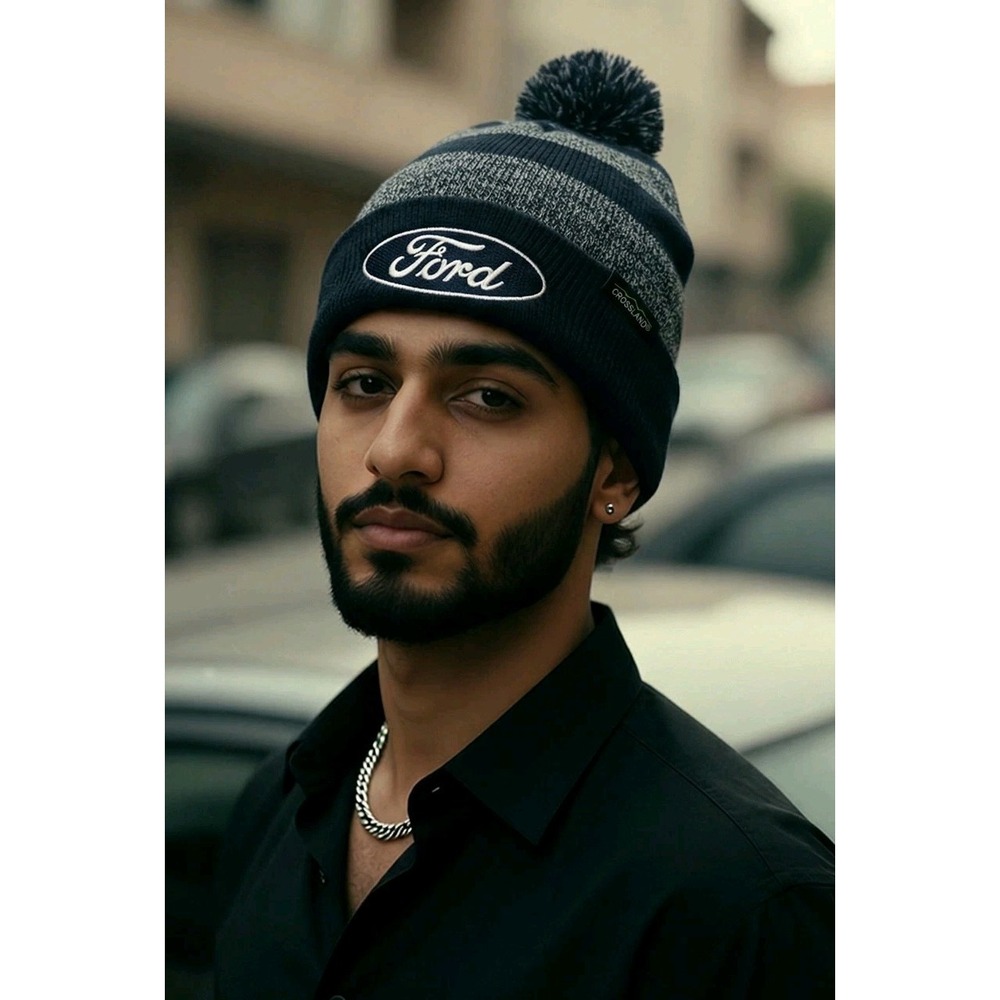 Crossland Ford Motor Company Branded Acrylic Knit Beanie OS Unisex Navy Striped